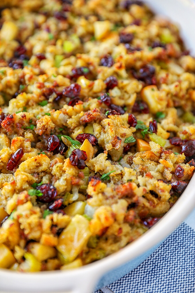 Sourdough Stuffing with Sausage, Apples, and Cranberries