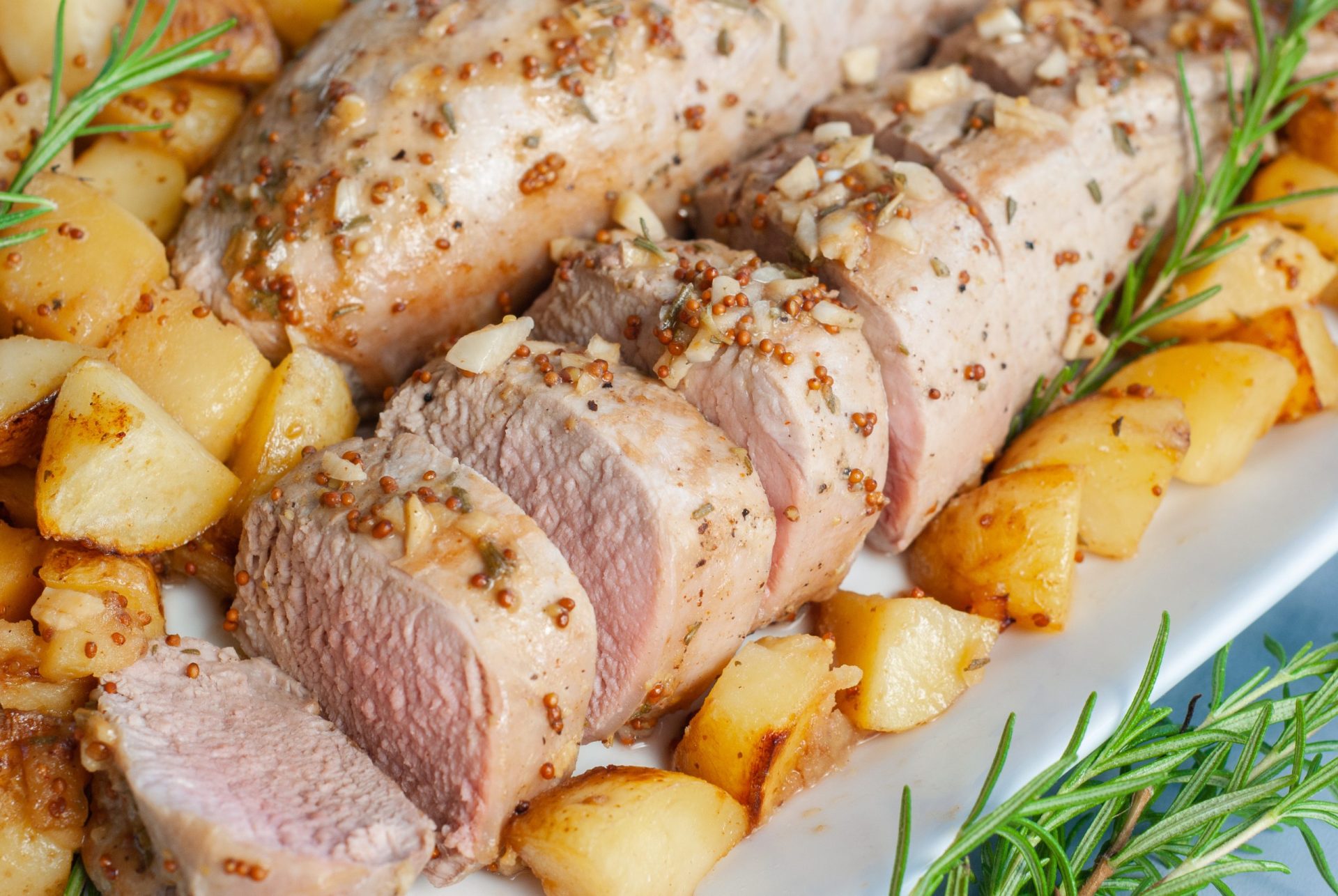 Pan-Seared Pork Tenderloin with Honey-Dijon Glaze and Roasted Garlic Potatoes