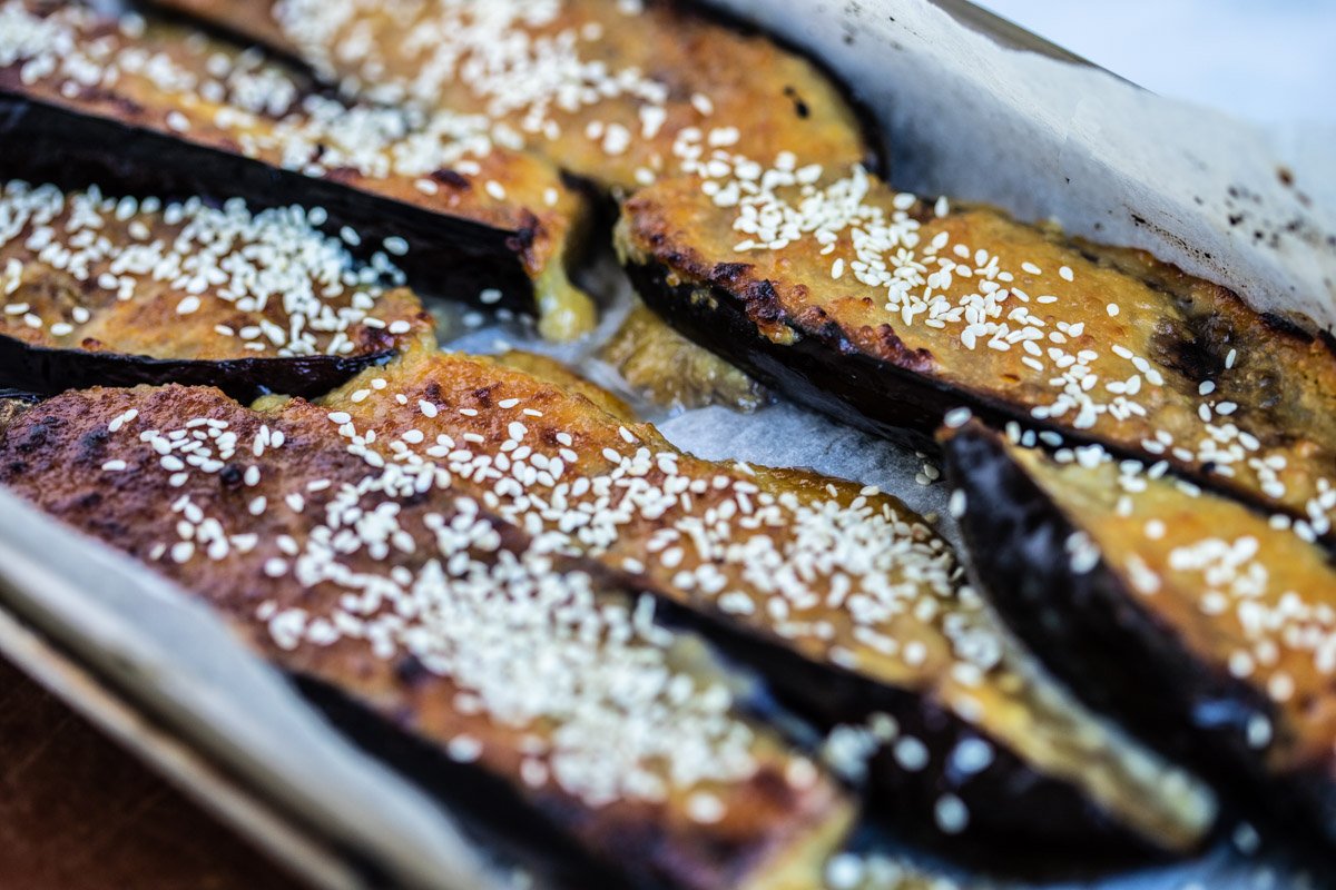 Pan-Fried Miso-Glazed Eggplant with Sesame and Scallions