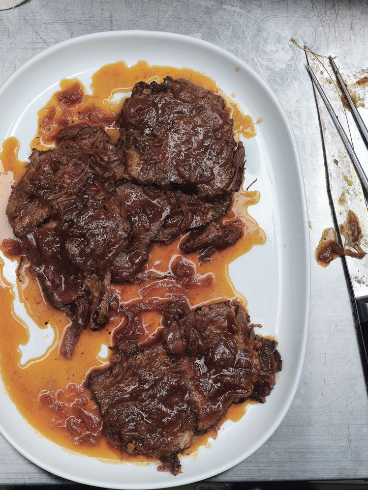 English Bitter Beer-Braised Beef with Caramelized Onions