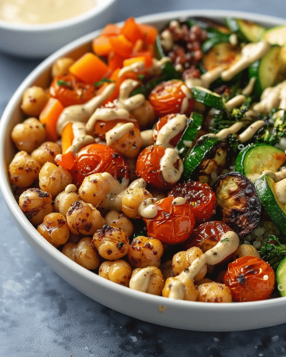Farro and Roasted Chickpea Buddha Bowl with Tahini Dressing