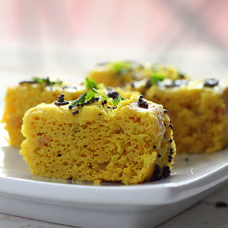Gujarati Khaman Dhokla with Steamed Chickpea Flour and Mustard Seeds