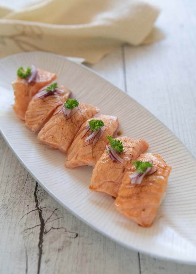 Seared Salmon Nigiri with Wasabi Soy Glaze