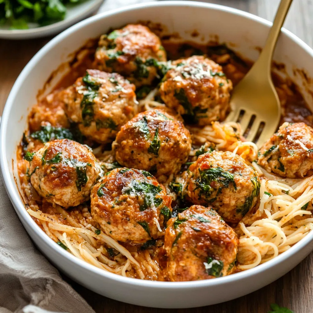 Spinach-Infused Chicken Meatballs with Tomato Basil Pasta