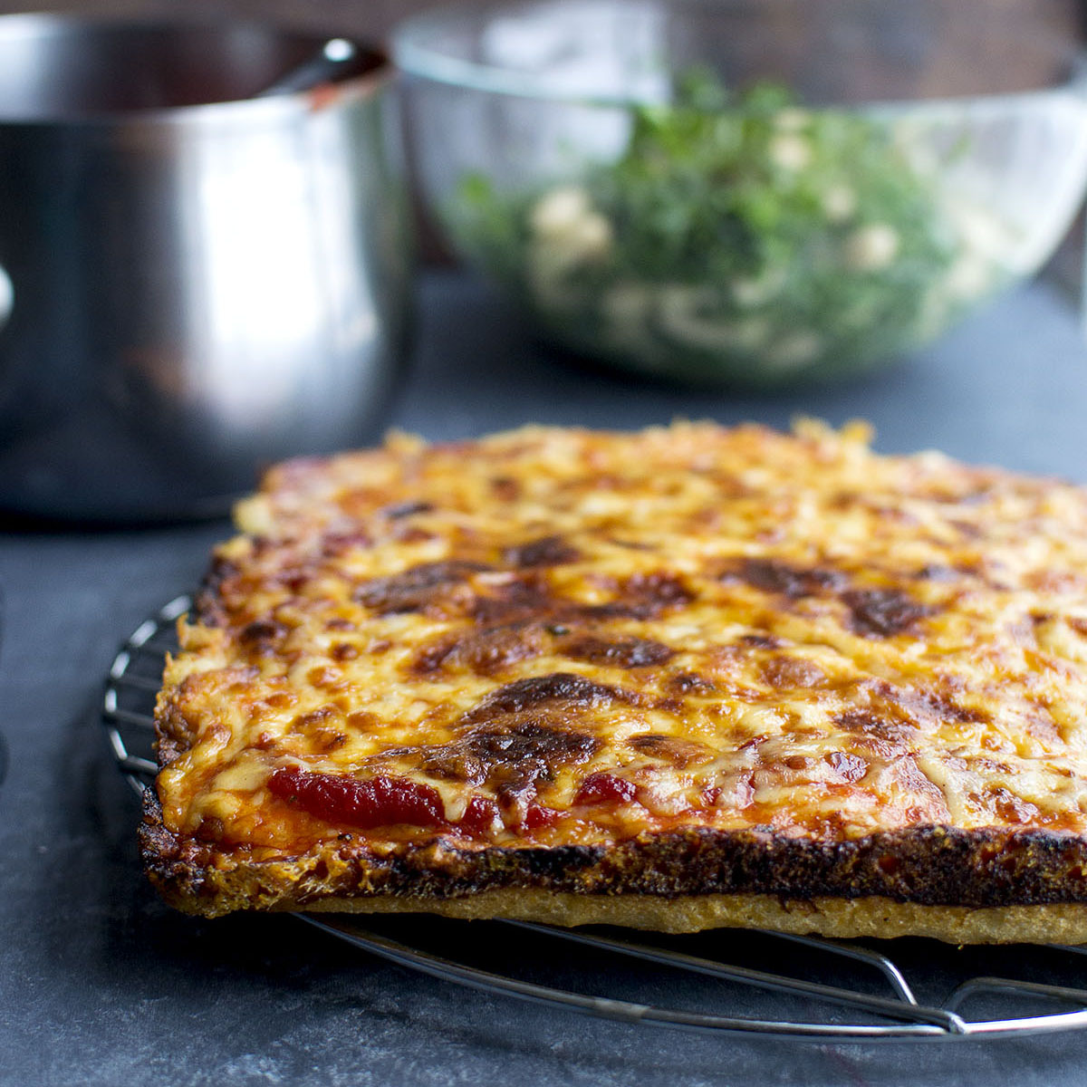 Detroit-Style Pizza with Garlic Cheese Sauce