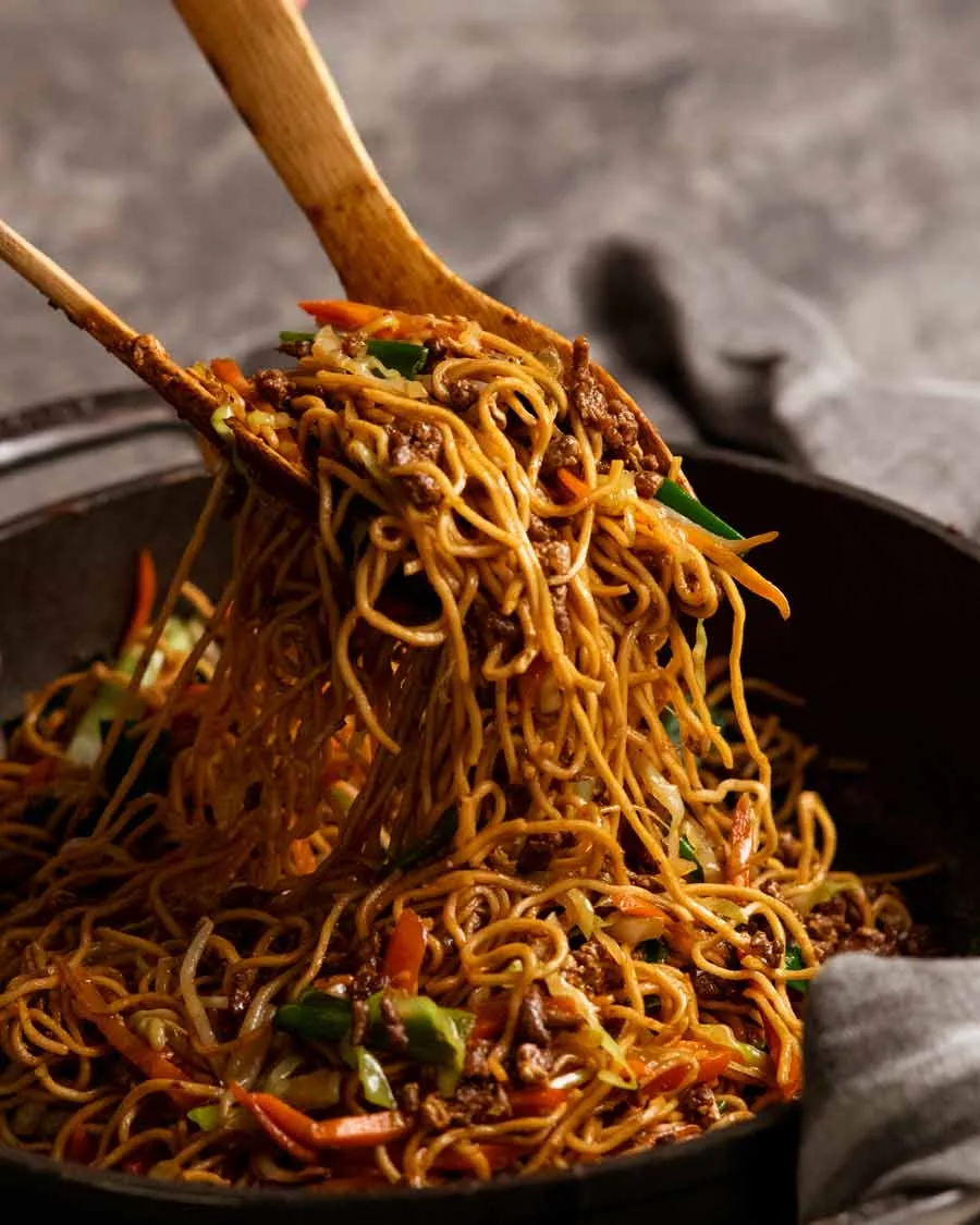 Beef Chow Mein with Crisp Vegetables and Savory Sauce