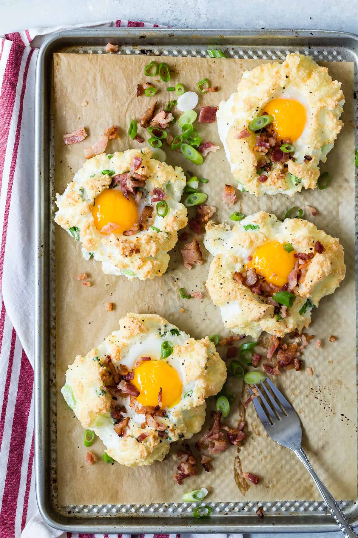 Cheddar and Chive Cloud Eggs with Crispy Bacon