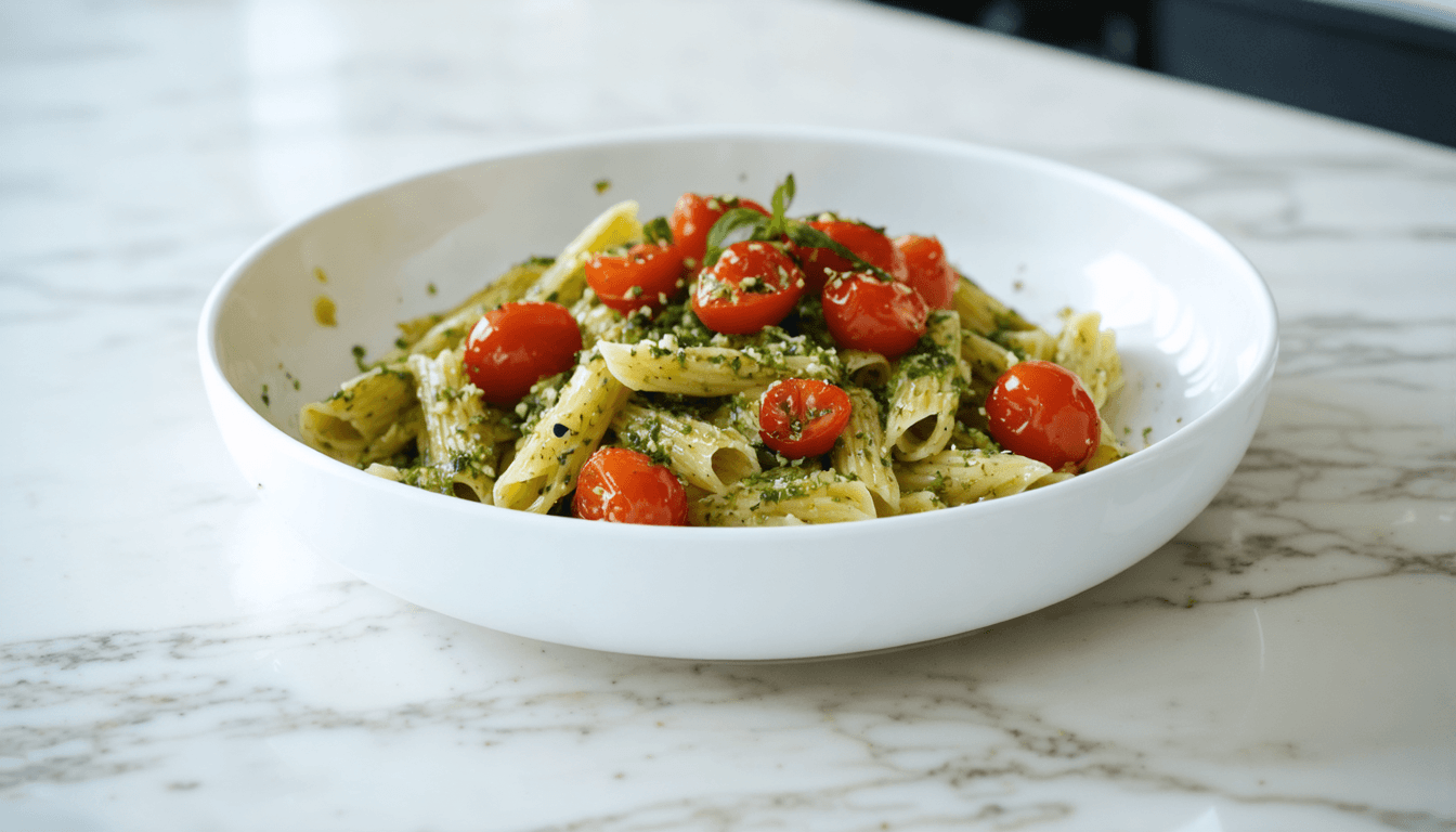 Pistachio Pesto Fettuccine with Roasted Cherry Tomatoes