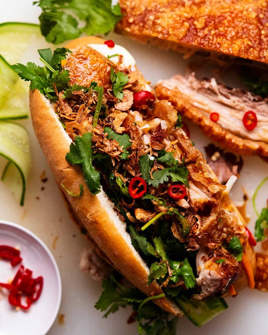Oven-Roasted Pork Bánh Mì with Spicy Mayo and Pickled Daikon