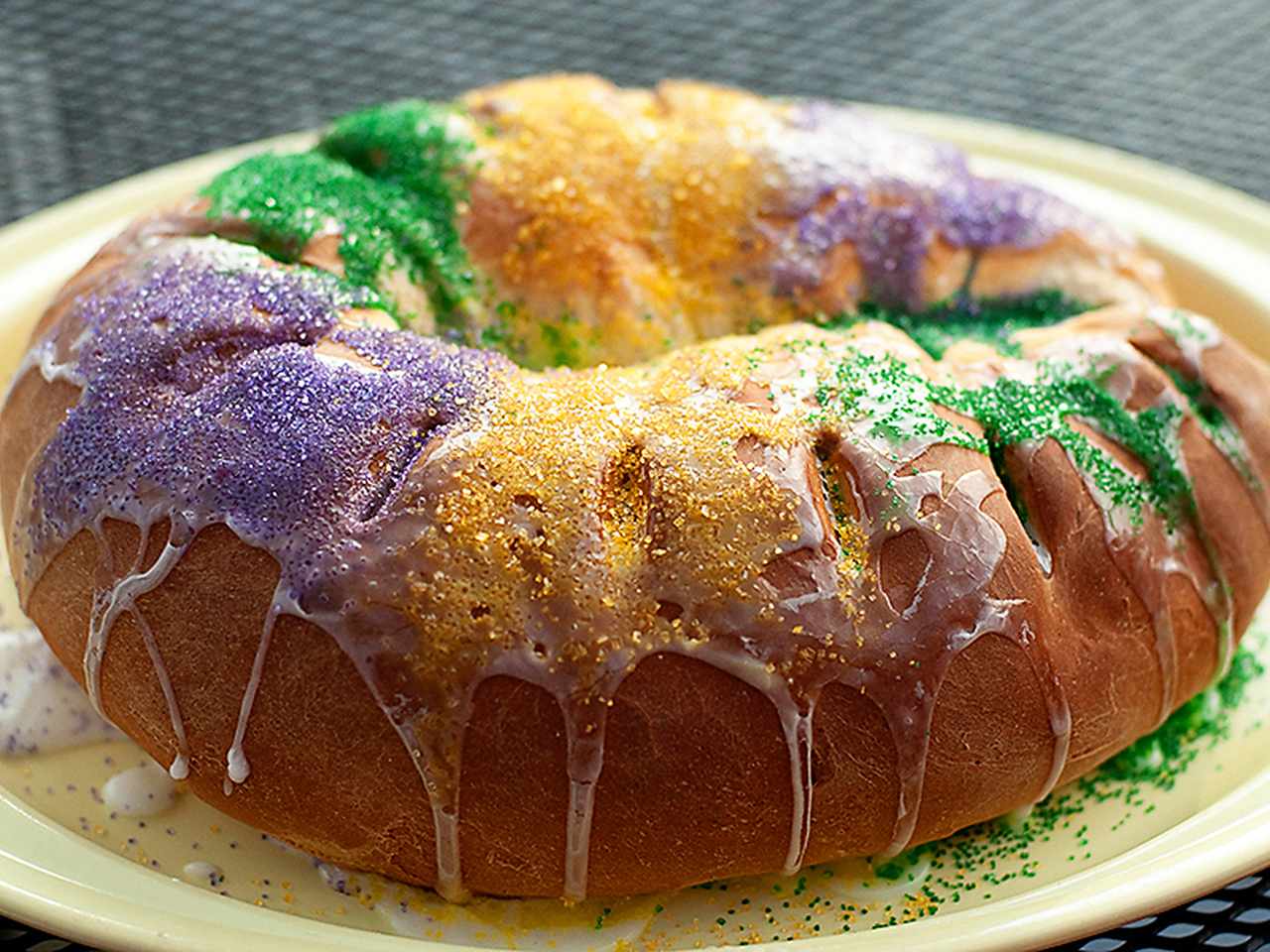 King Cake French Toast Bake with Mardi Gras Glaze