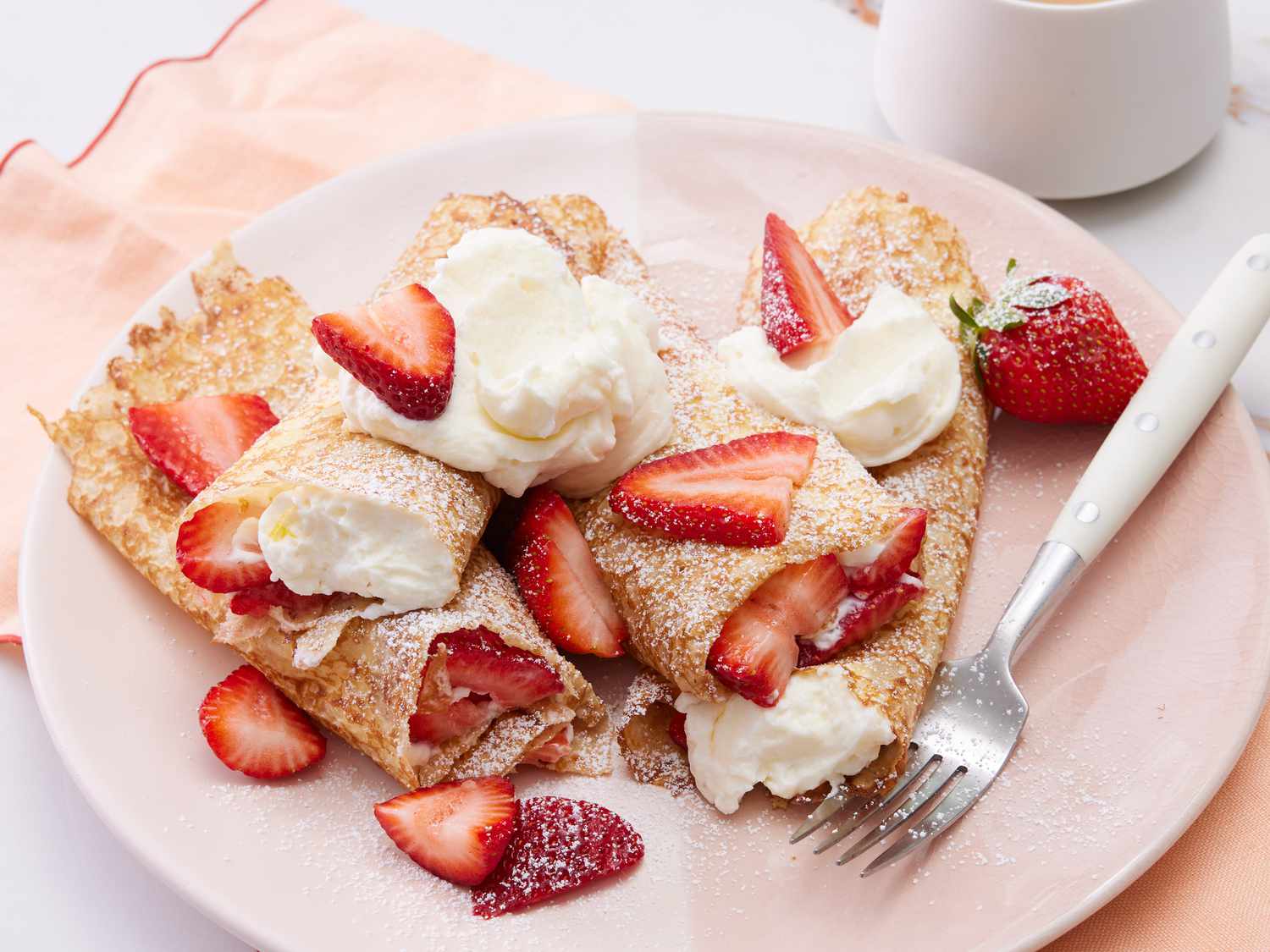 Chocolate-Dipped Strawberry Crepes with Rose Whipped Cream