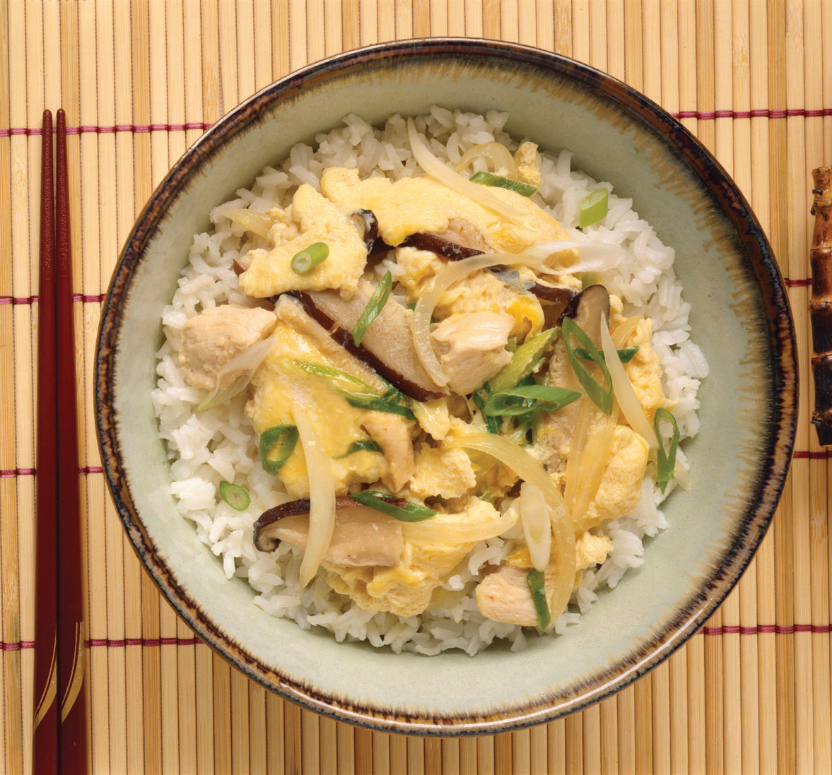 Savory Egg and Mushroom Rice Bowl with Soy-Ginger Dressing