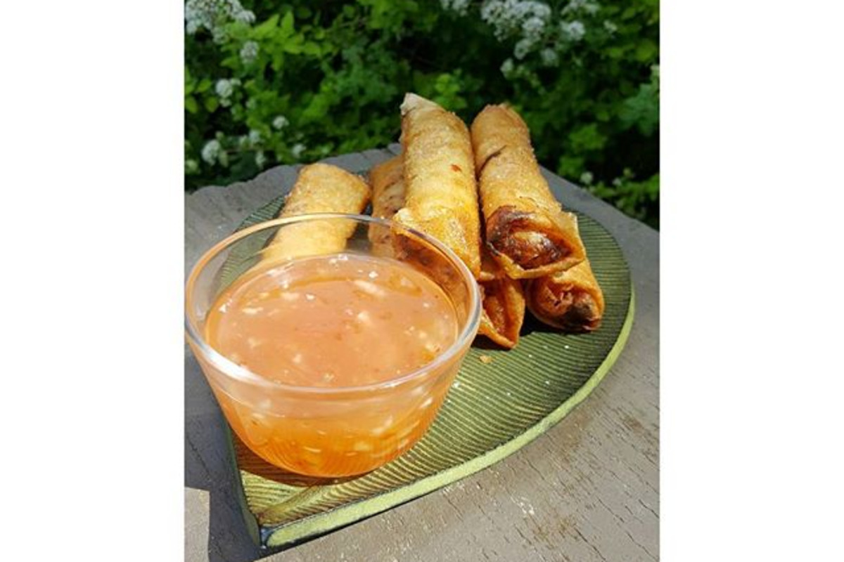 Pan-Fried Lumpia Rolls with Sweet-Spicy Vinegar Dipping Sauce
