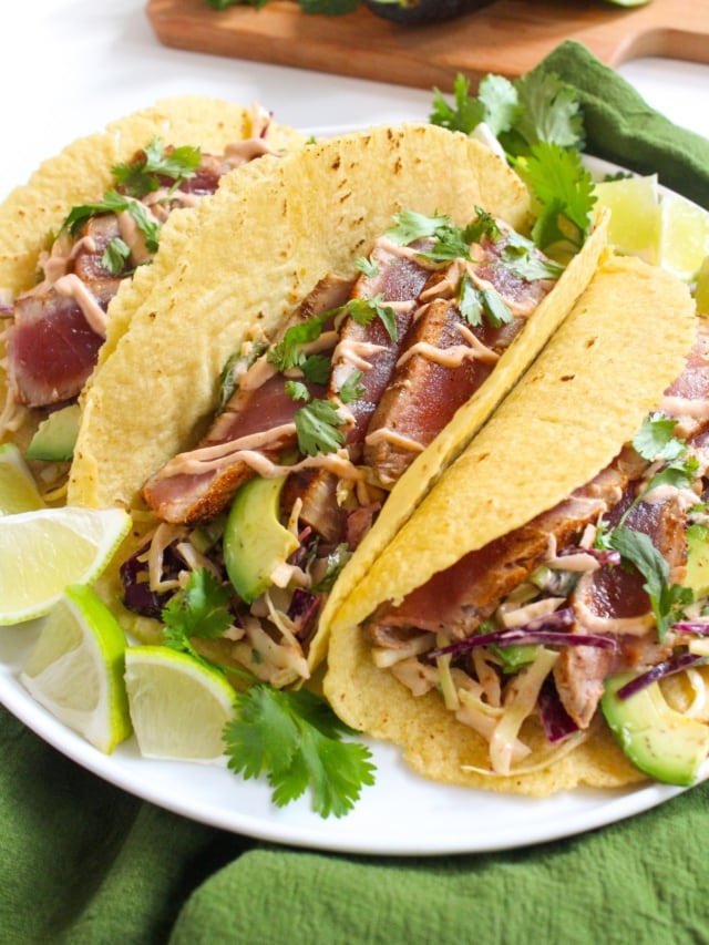 Seared Ahi Tuna Tacos with Avocado Lime Slaw