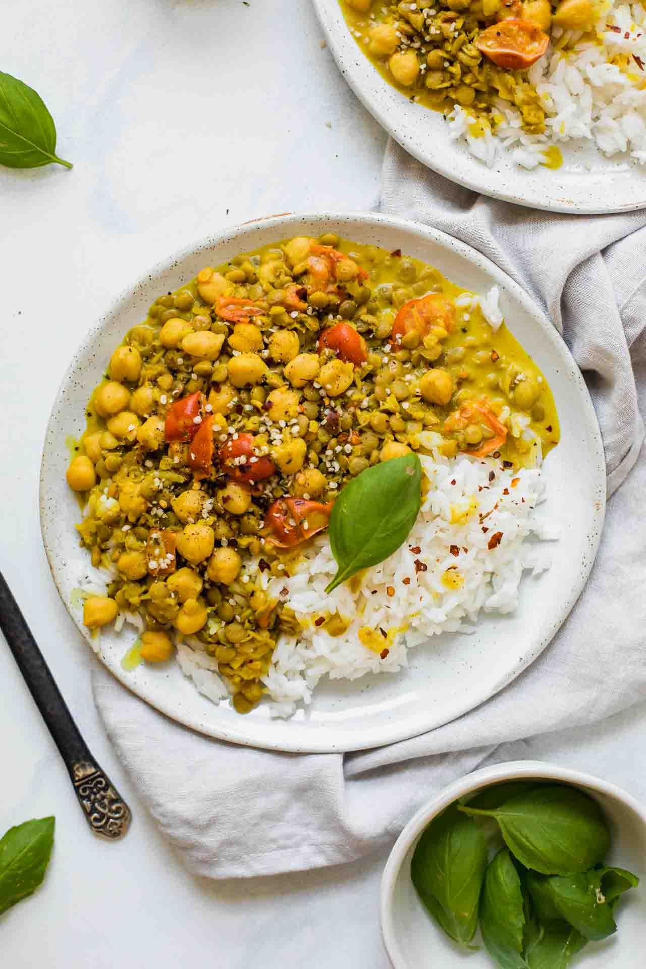 Vegetarian Lentil and Chickpea Curry Simmered with Coconut Milk
