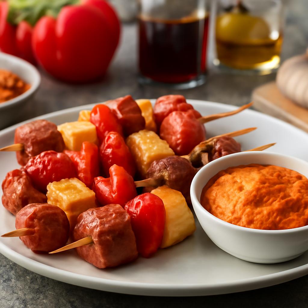 Grilled Chorizo and Bell Pepper Skewers with Romesco Sauce