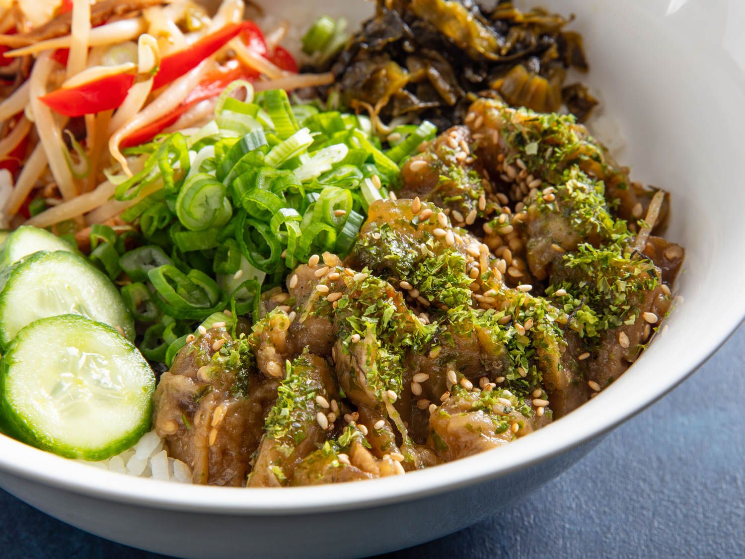 Miso-Glazed Eggplant Donburi with Sesame Scallion Rice