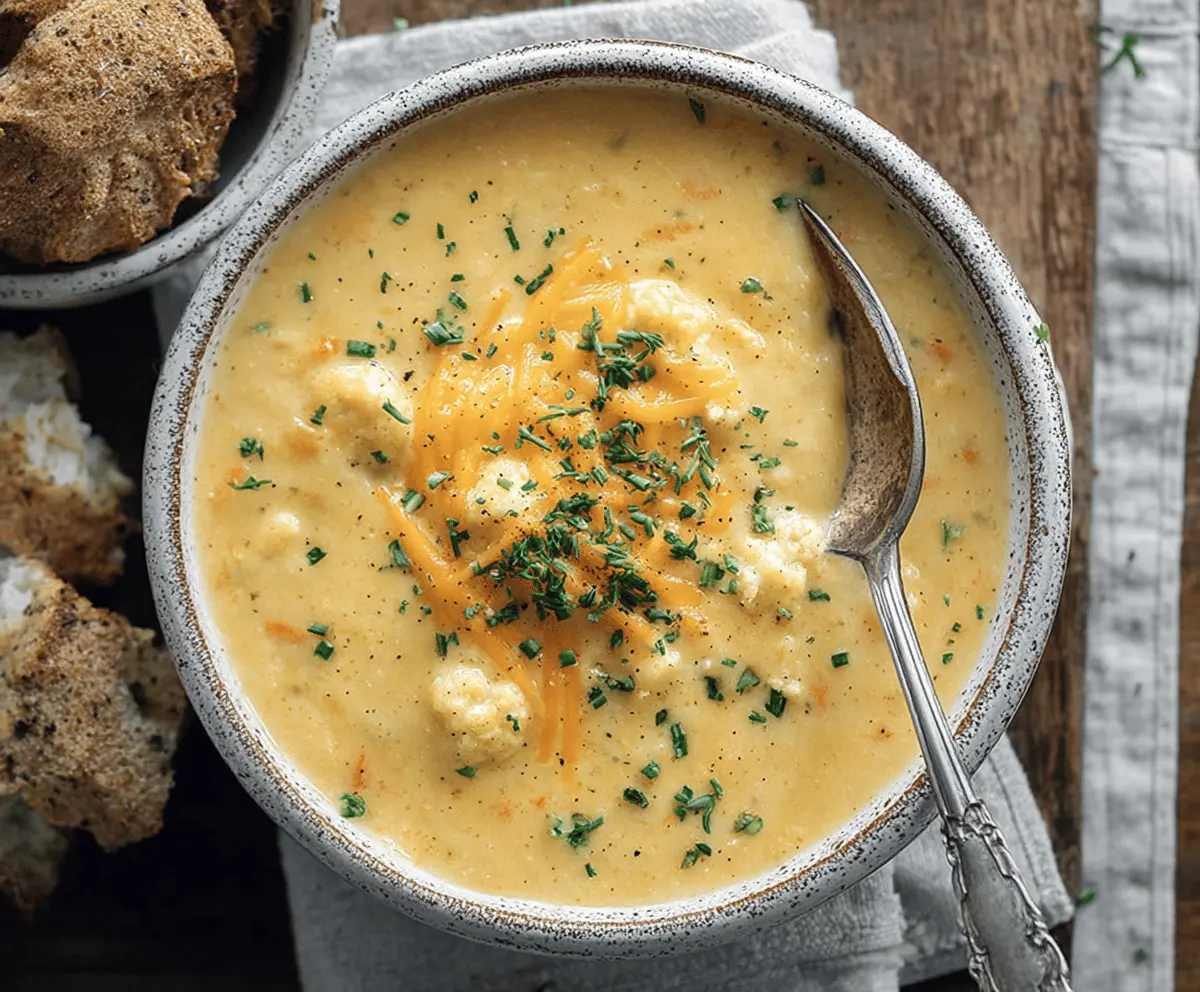 Creamy Cauliflower and Spinach Soup with Cheddar