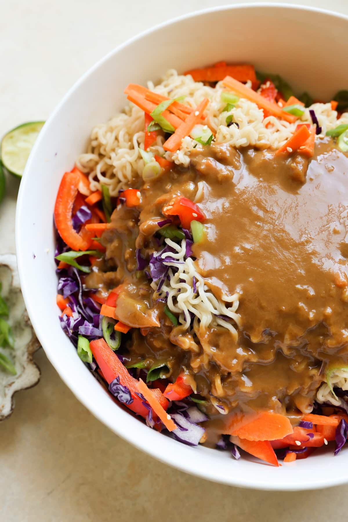 Cold Rice Noodle Salad with Peanut Dressing and Crispy Vegetables