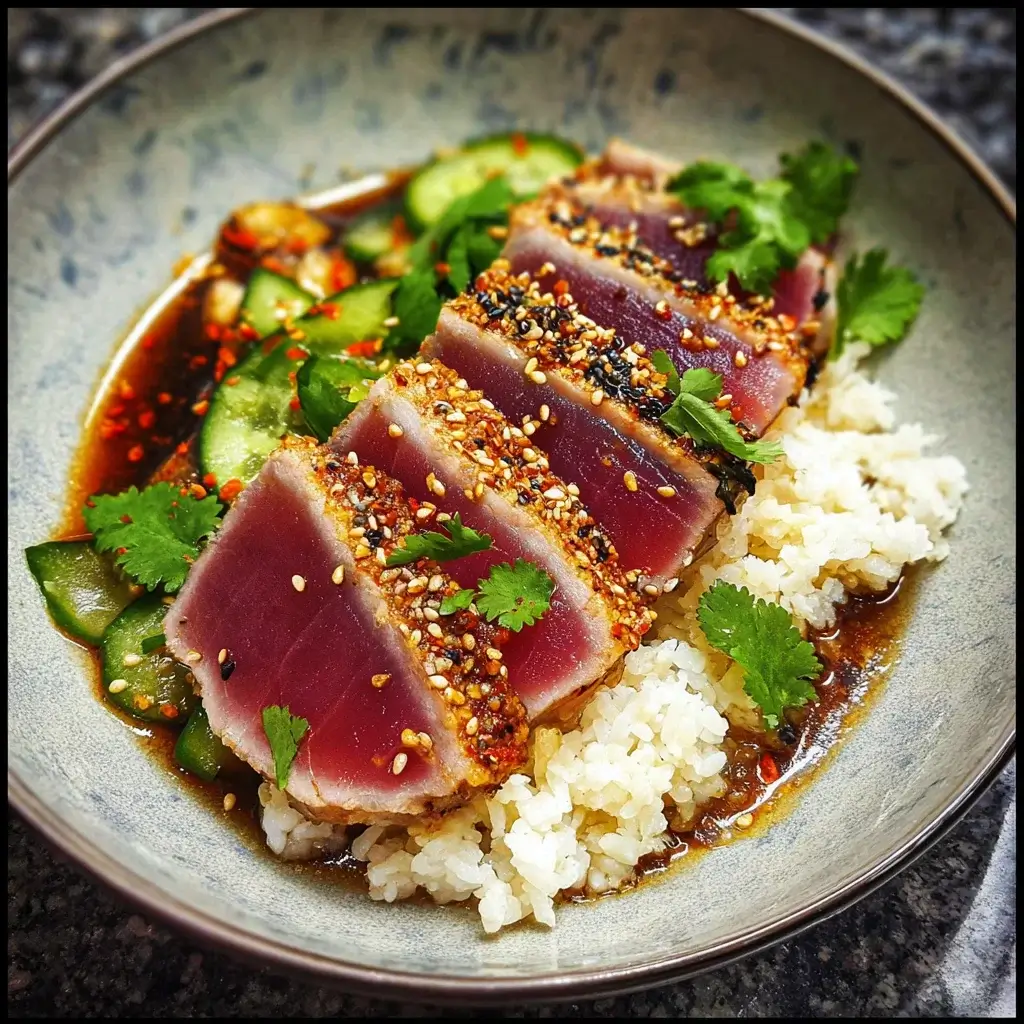 Seared Sesame Tuna Lettuce Wraps with Ginger-Soy Dressing