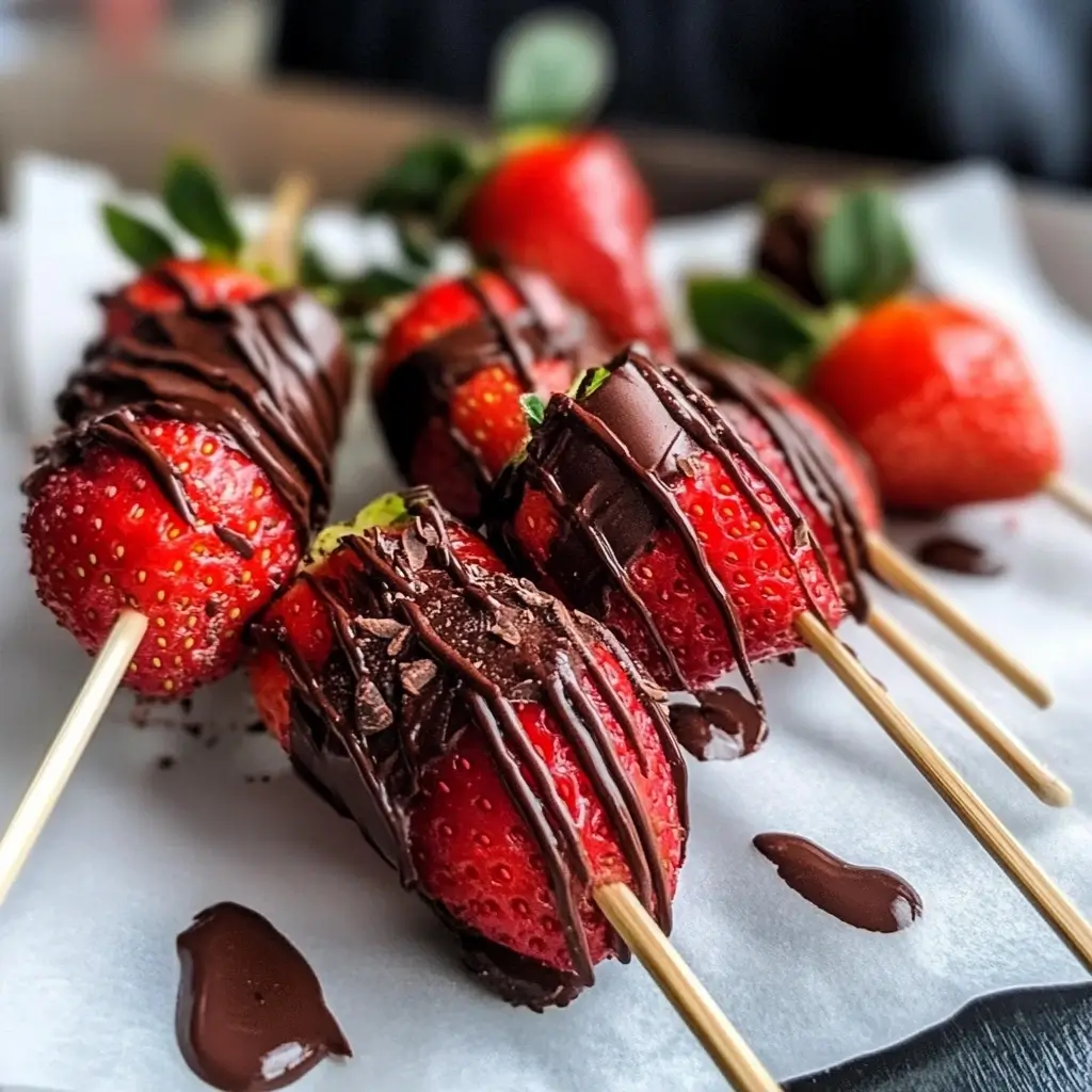Chocolate-Dipped Strawberry Skewers with Vanilla Cream Drizzle