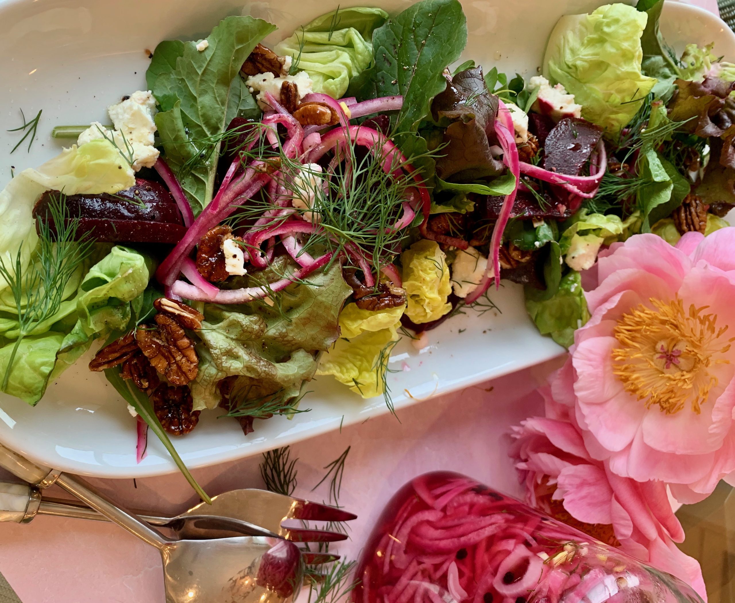 Rose-Infused Beet and Goat Cheese Salad with Candied Pecans