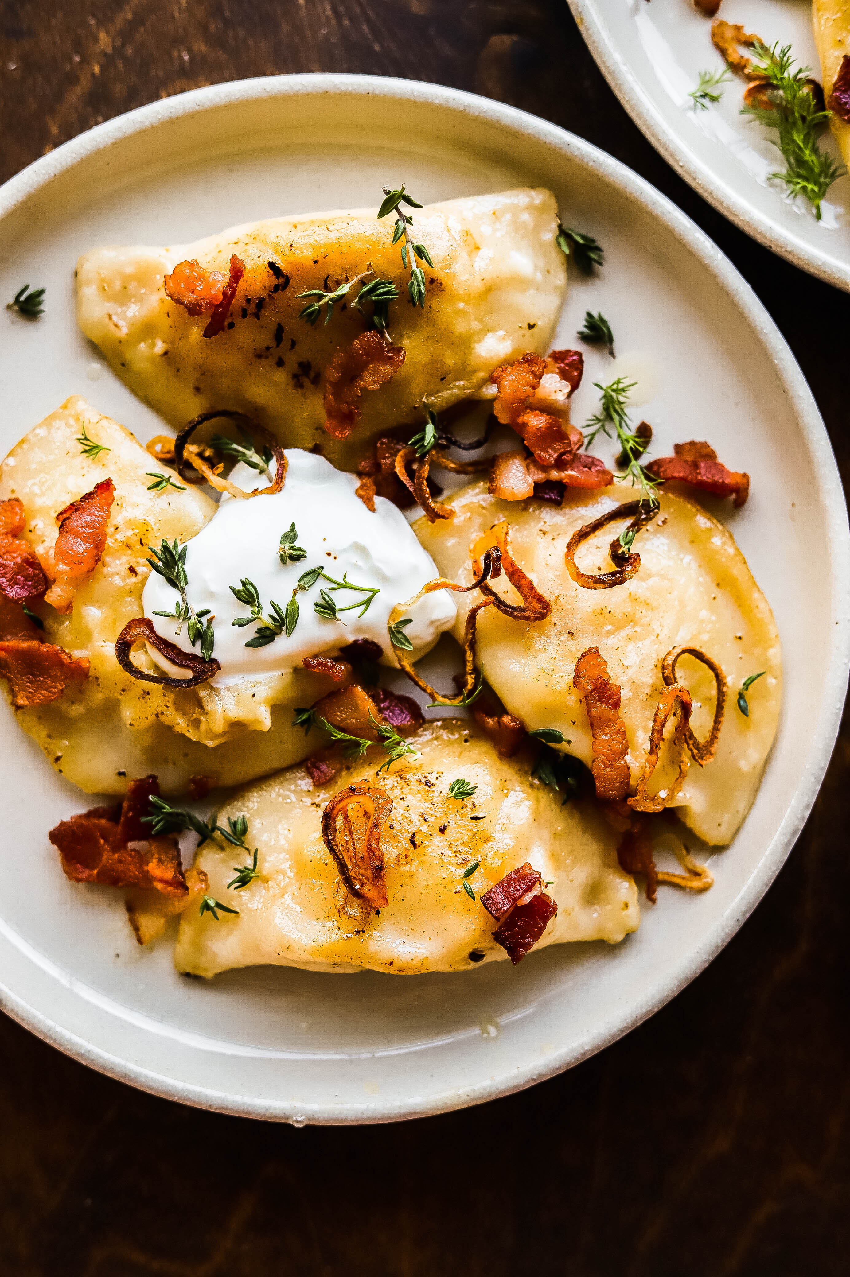 Boiled Potato and Onion Pierogi with Sour Cream and Chives