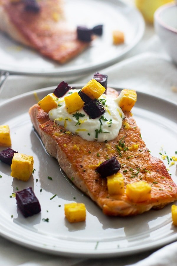 Pan-Seared Salmon with Roasted Beet and Yogurt Salad