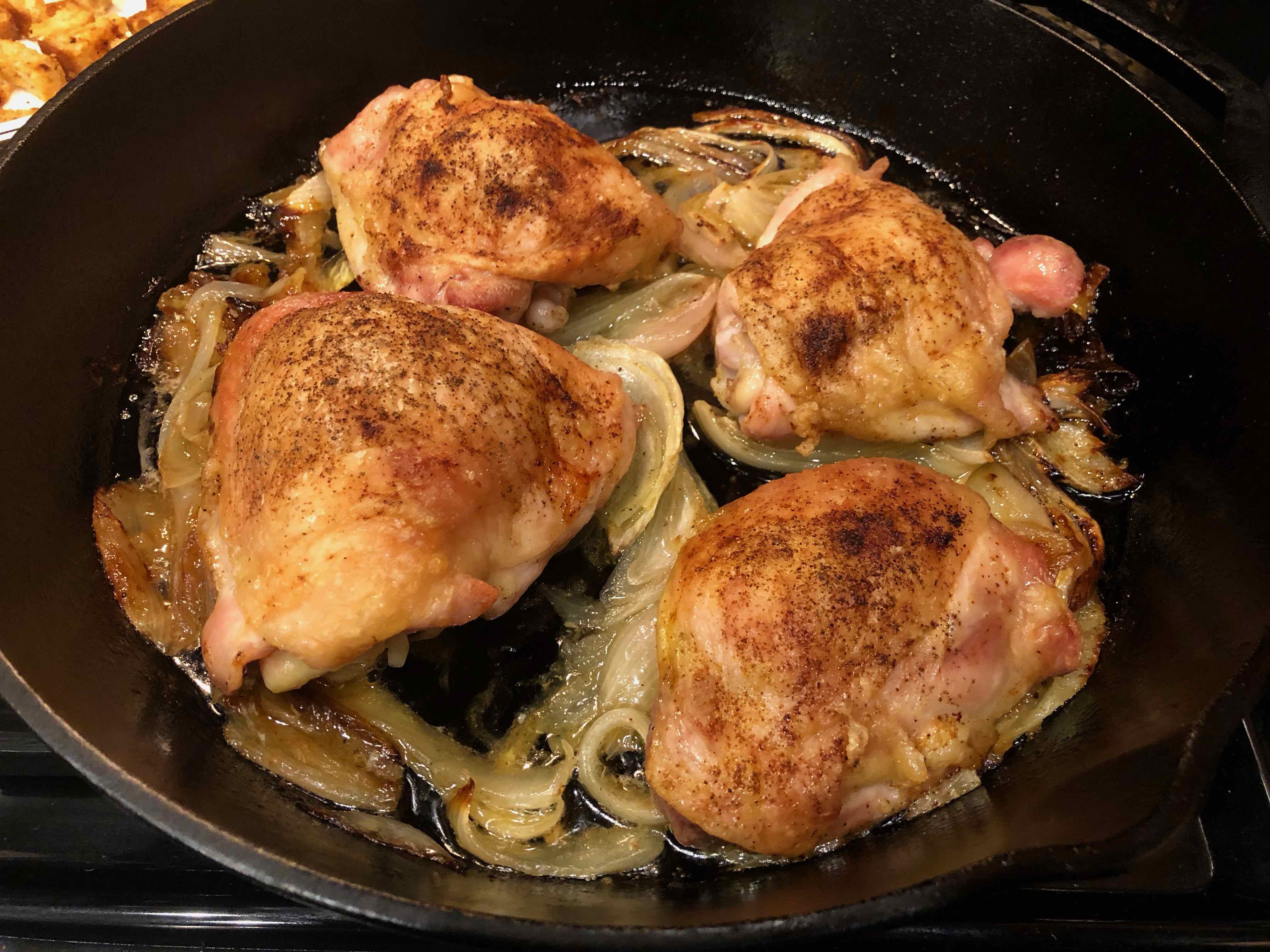 Schmaltzy Roasted Chicken Thighs with Caramelized Onion Kugel Muffins
