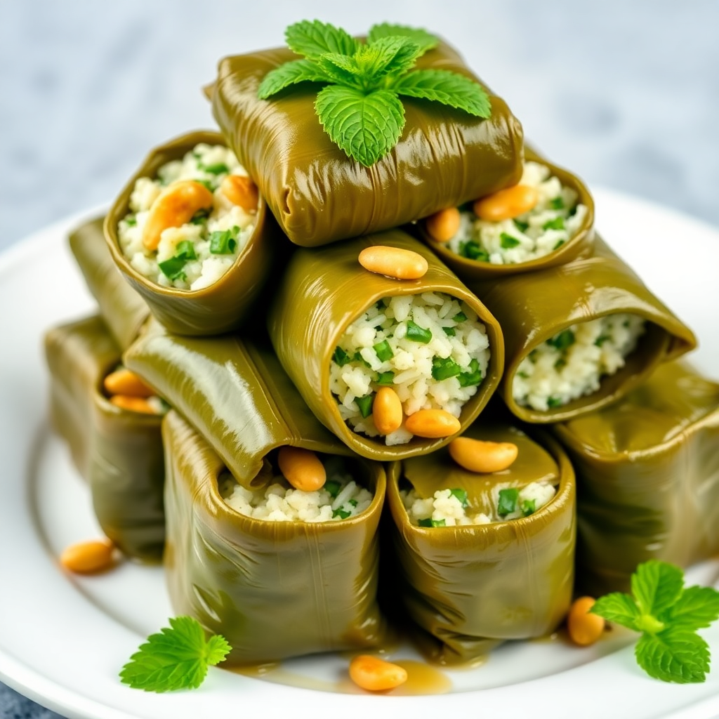 Vegetarian Grape Leaf Rolls with Pine Nuts and Herb Rice