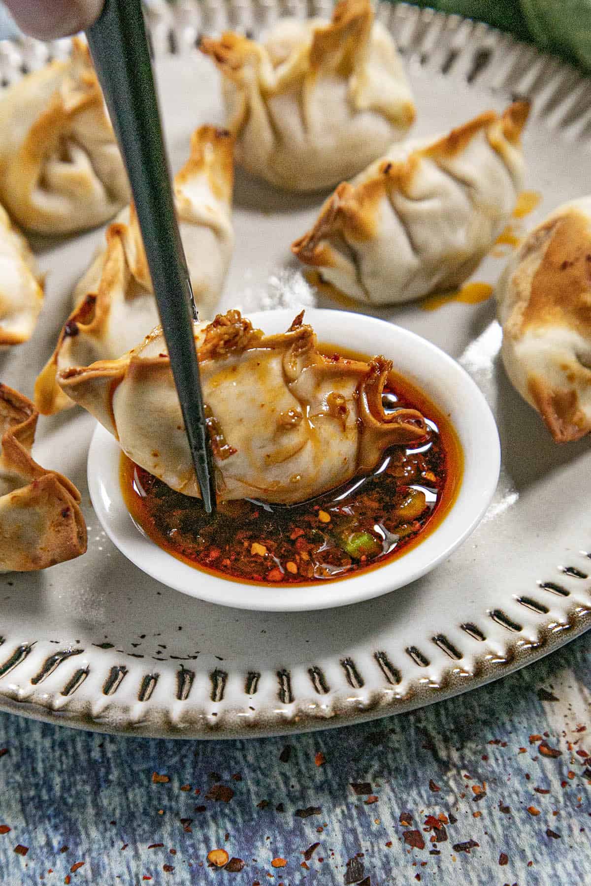Deep-Fried Shrimp and Water Chestnut Gyoza with Sweet Chili Sauce