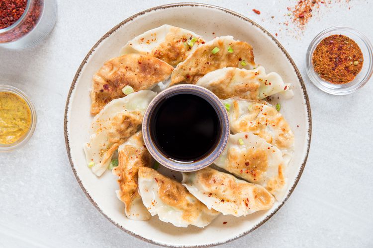 Pan-Seared Shrimp and Garlic Chive Gyoza with Ponzu Sauce