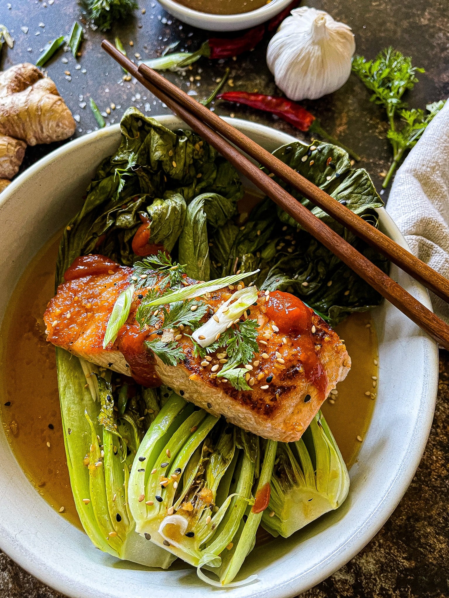 Ginger-Sesame Glazed Salmon with Stir-Fried Bok Choy
