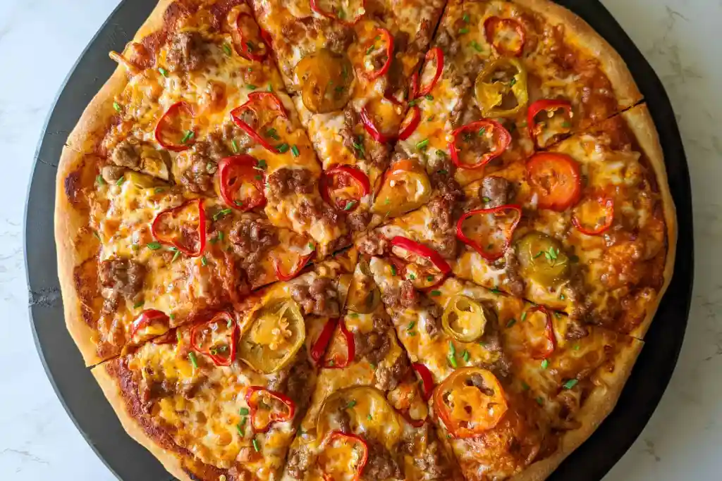 Bold Oblong Pizza with Spicy Sausage and Roasted Peppers