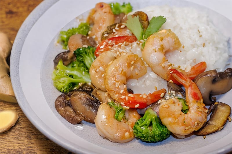 Sautéed Shrimp with Garlic and Ginger Stir-Fry Vegetables