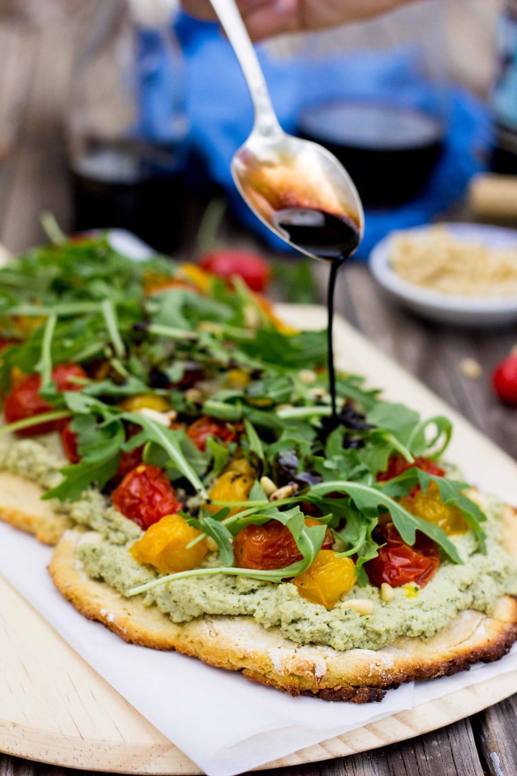 Basil Pesto and Ricotta Pizza with Roasted Cherry Tomatoes