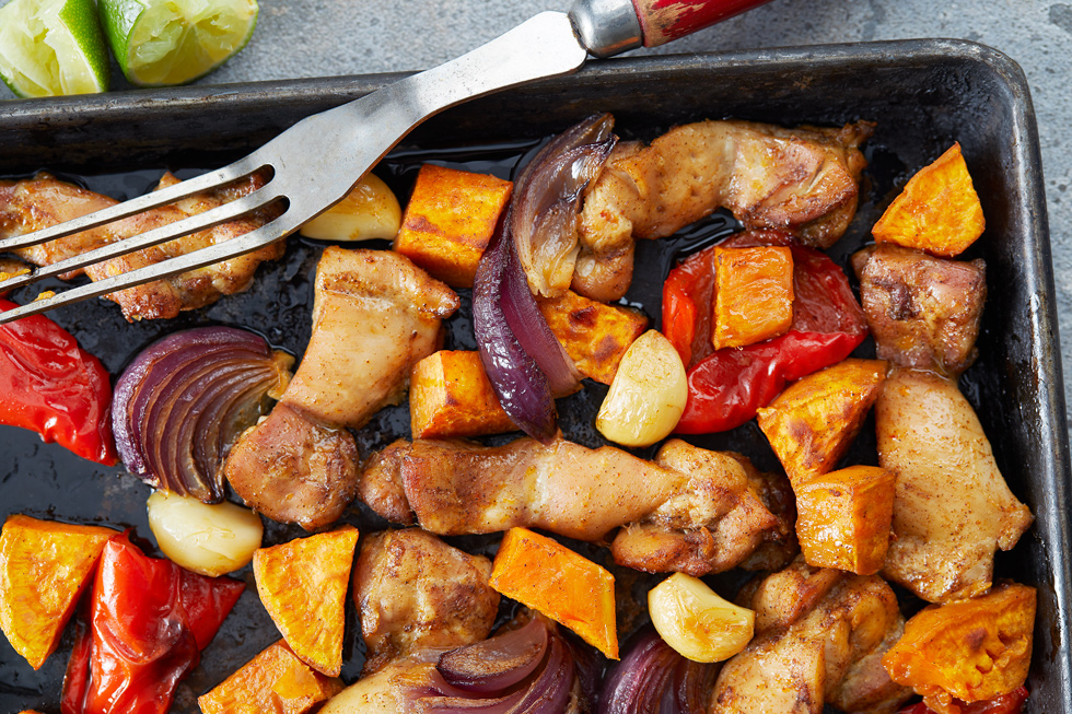 Sheet Pan Cajun-Spiced Chicken with Roasted Sweet Potatoes