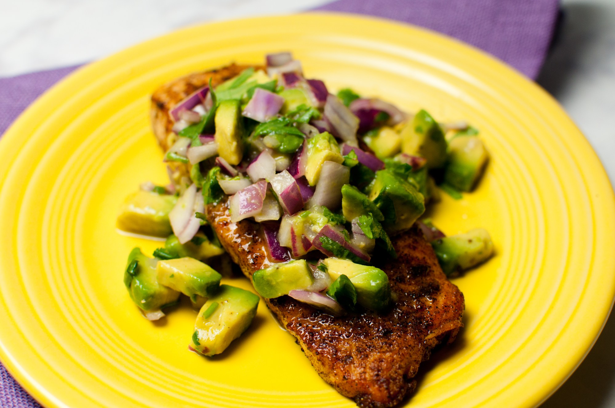 Pan-Seared Salmon with Avocado Salsa and Zucchini Noodles