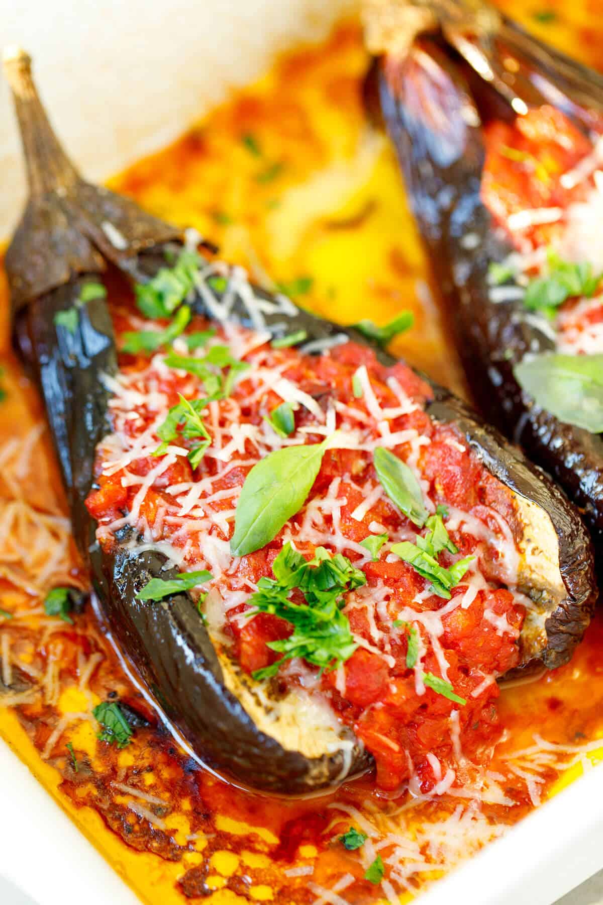 Baked Haroset-Stuffed Eggplant with Pomegranate Glaze