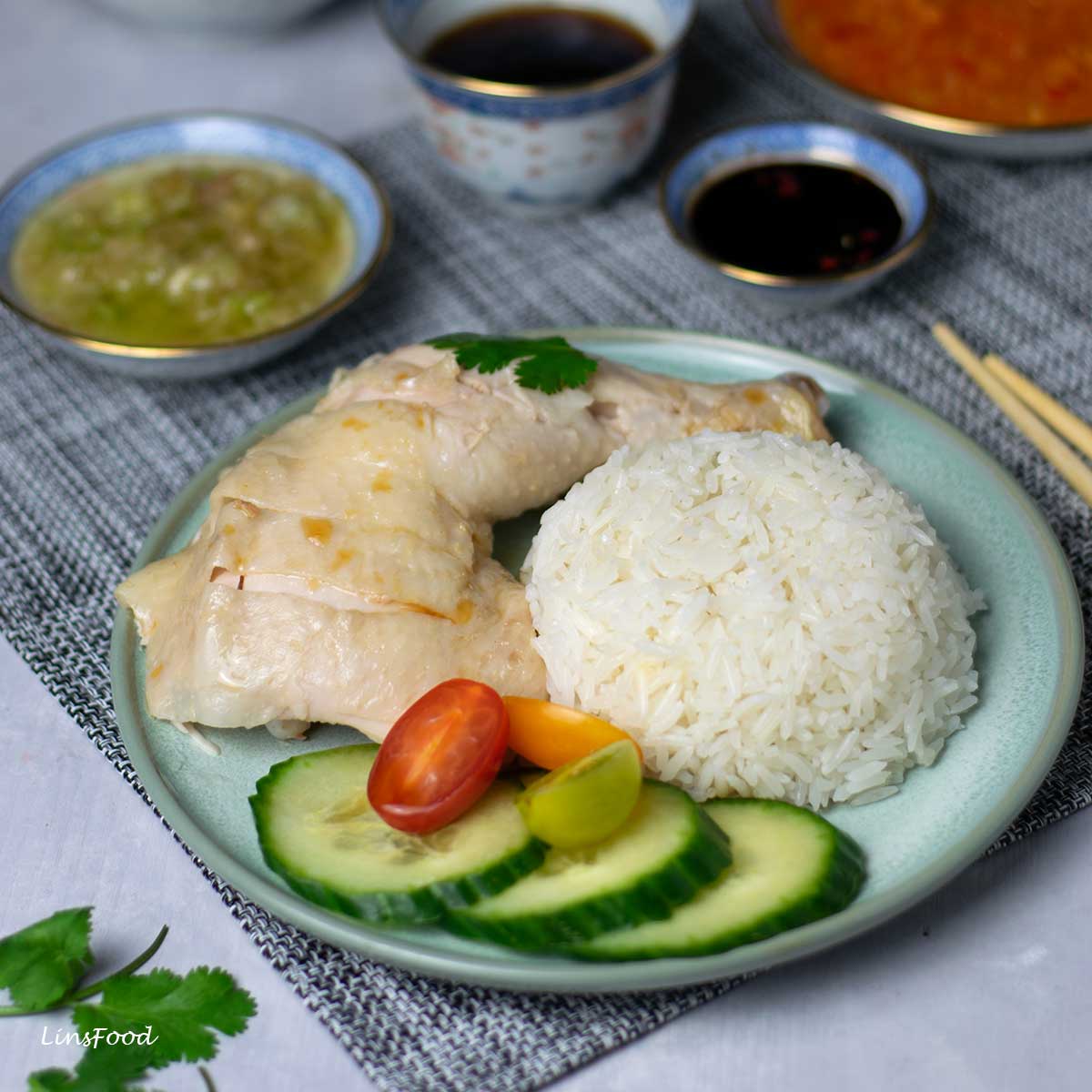 Singaporean-Style Hainanese Chicken Rice with Ginger-Soy Sauce