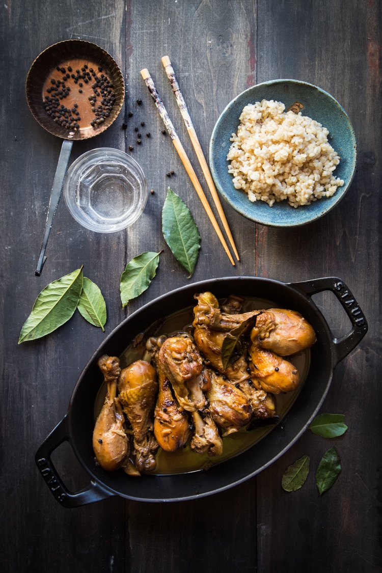 Vinegar-Braised Chicken Adobo with Garlic and Bay Leaves