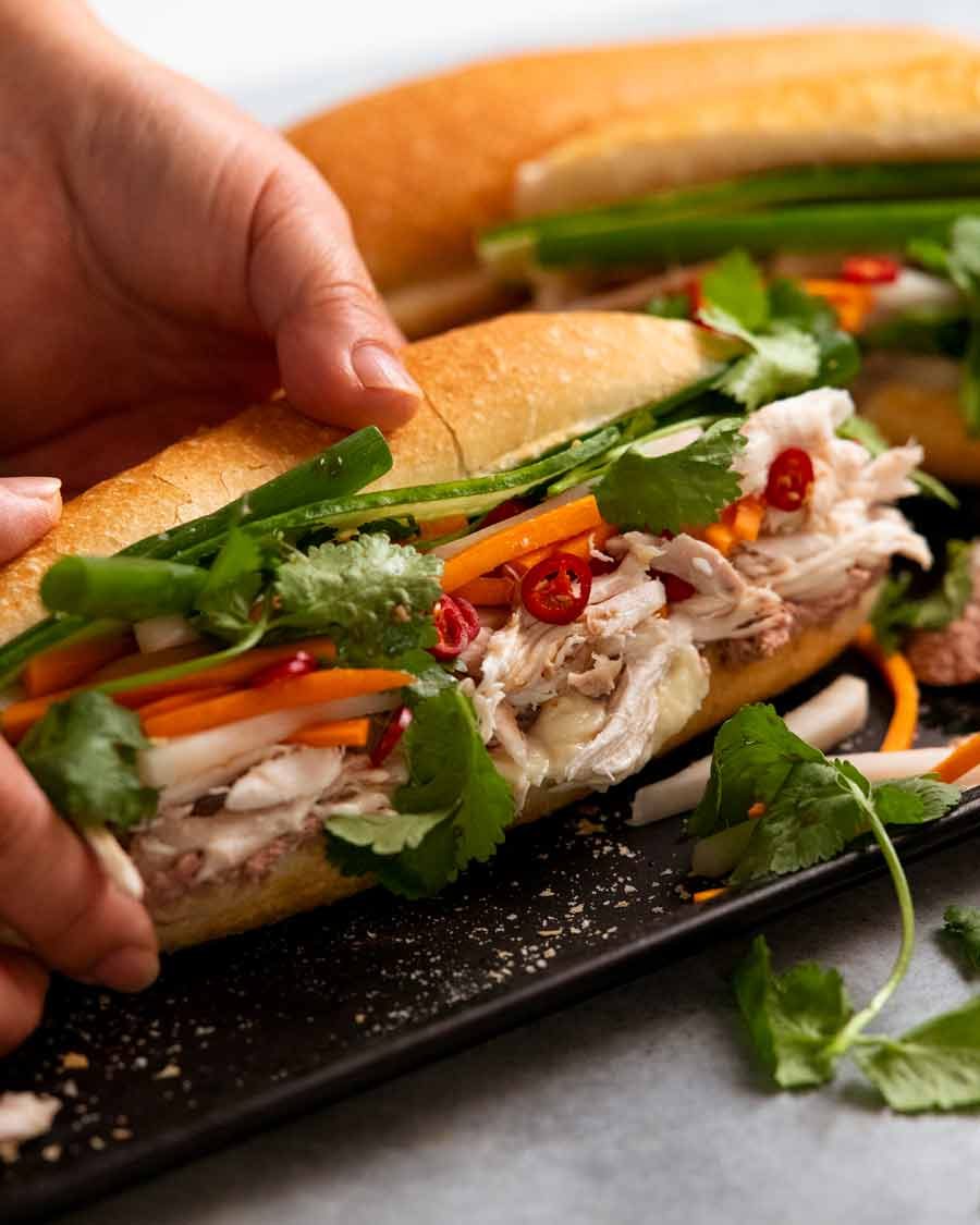 Vietnamese Chicken Banh Mi Sandwich with Pickled Vegetables