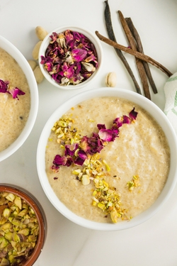 Cardamom-Rosewater Rice Pudding with Pistachio and Saffron