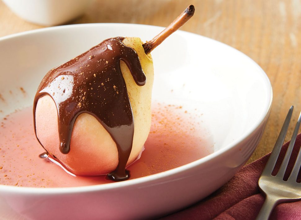 Rose and Cardamom Poached Pears with Dark Chocolate Sauce