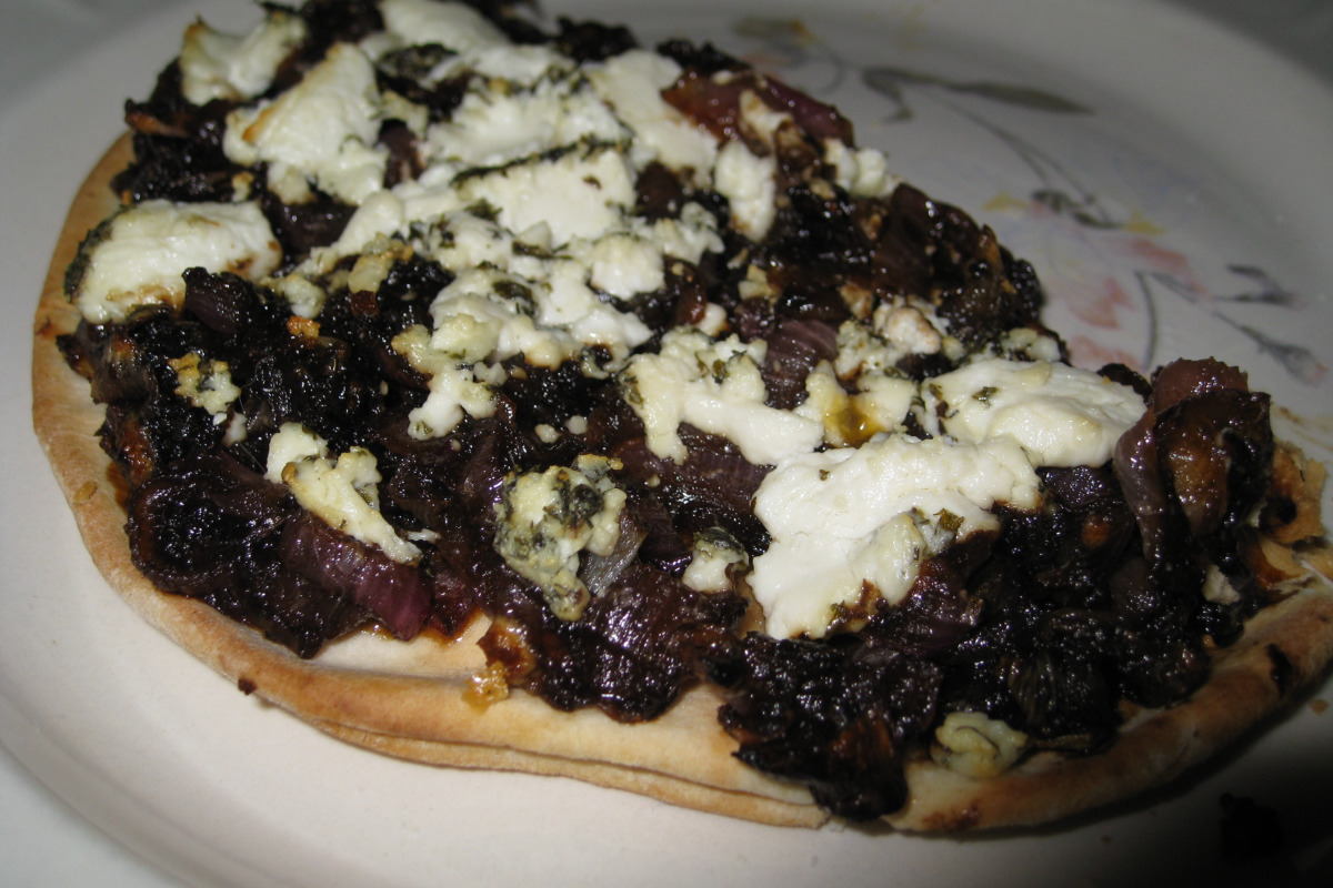 Roman-Style Thin Crust Pizza with Caramelized Onions and Goat Cheese