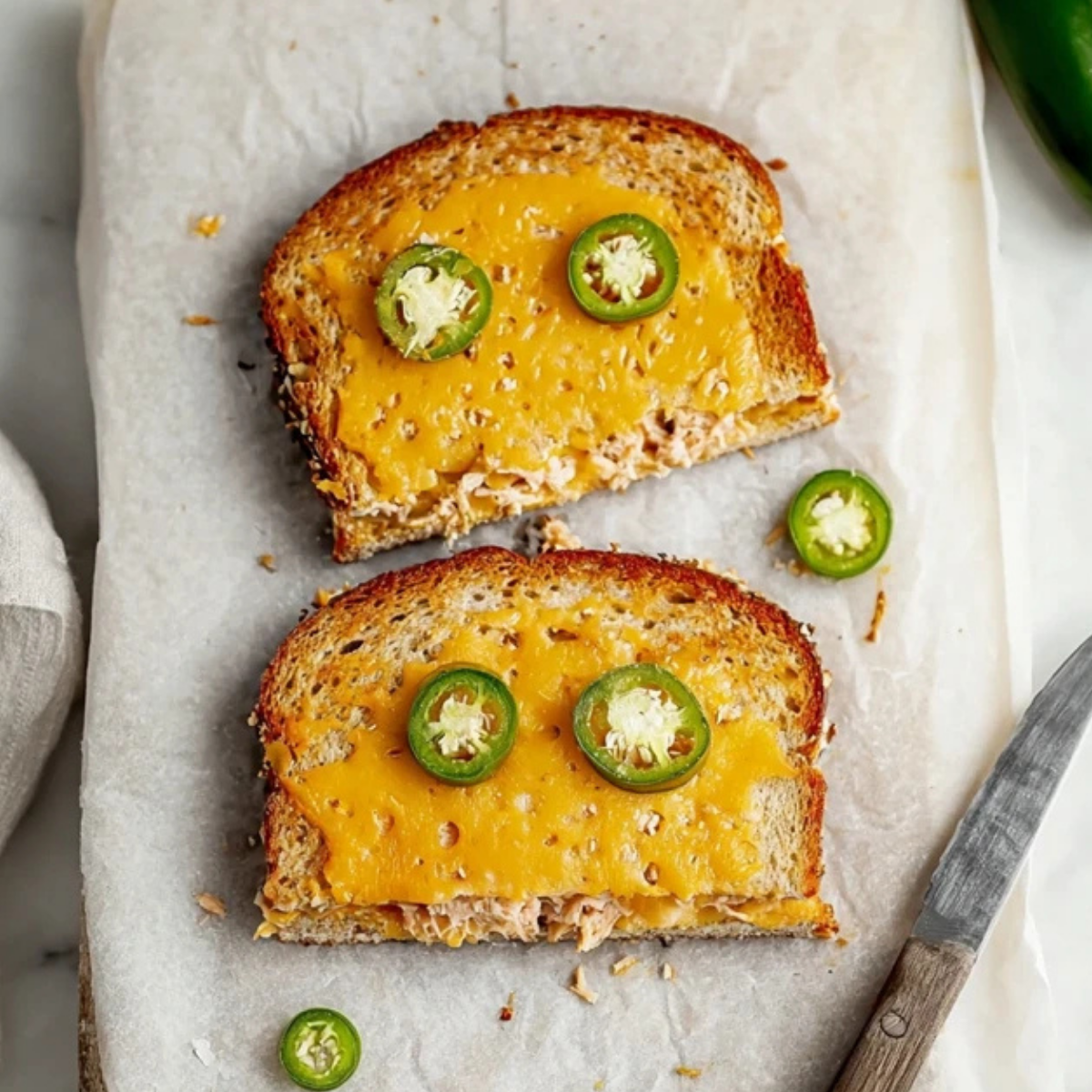 Spicy Tuna Melt with Pickled Jalapeños and Cheddar on Rye