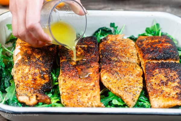 Pan-Seared Salmon with Citrus-Butter Sauce and Wilted Spinach