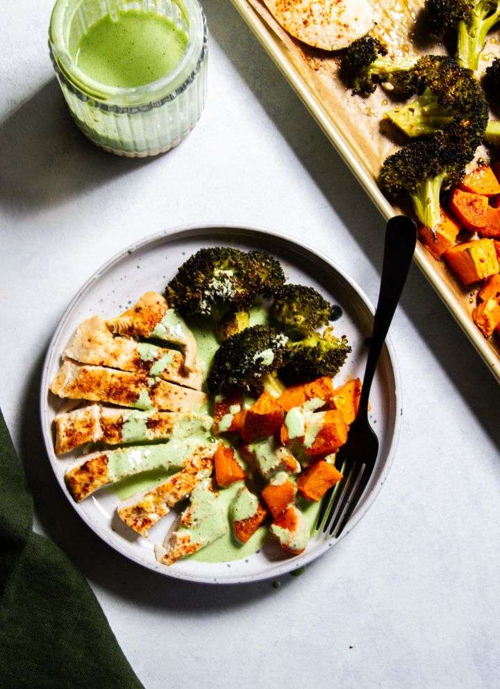 Pan-Seared Chicken with Roasted Sweet Potatoes and Tangy Yogurt Sauce