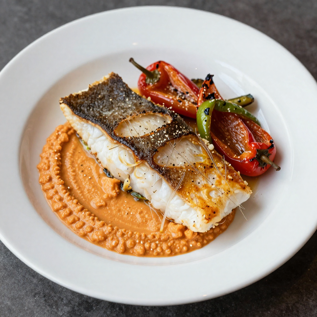 Baked Cod with Romesco Sauce and Roasted Peppers