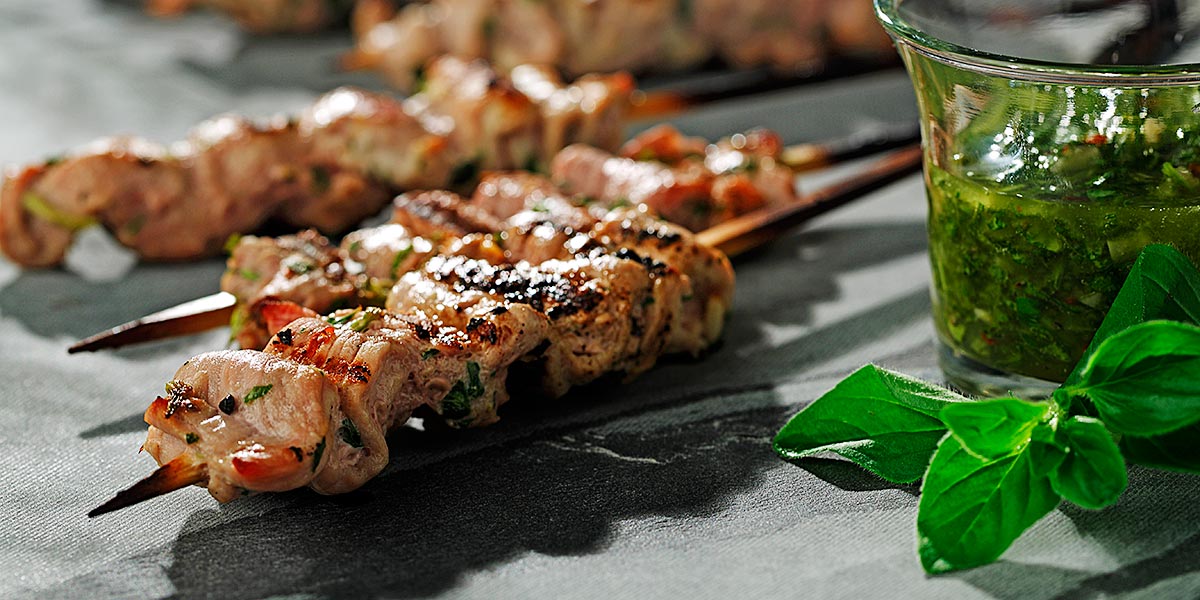 Grilled Latin-Style Pork Skewers with Chimichurri Sauce